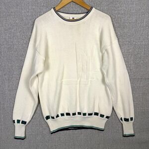 Vtg Norsport Knit Sweater Woven Boat‎ Graphic Crew  Pullover Ivory Sz L Nautical